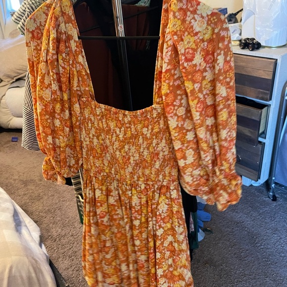 Free People Orange Floral Puff Sleeve Dress - Picture 6 of 6